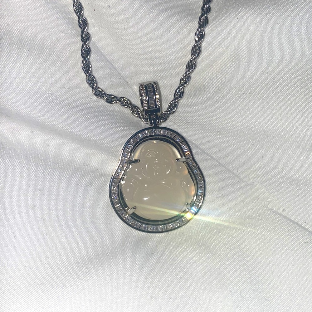 Sterling Silver Necklace With White Buddha Pendant , Chain Included